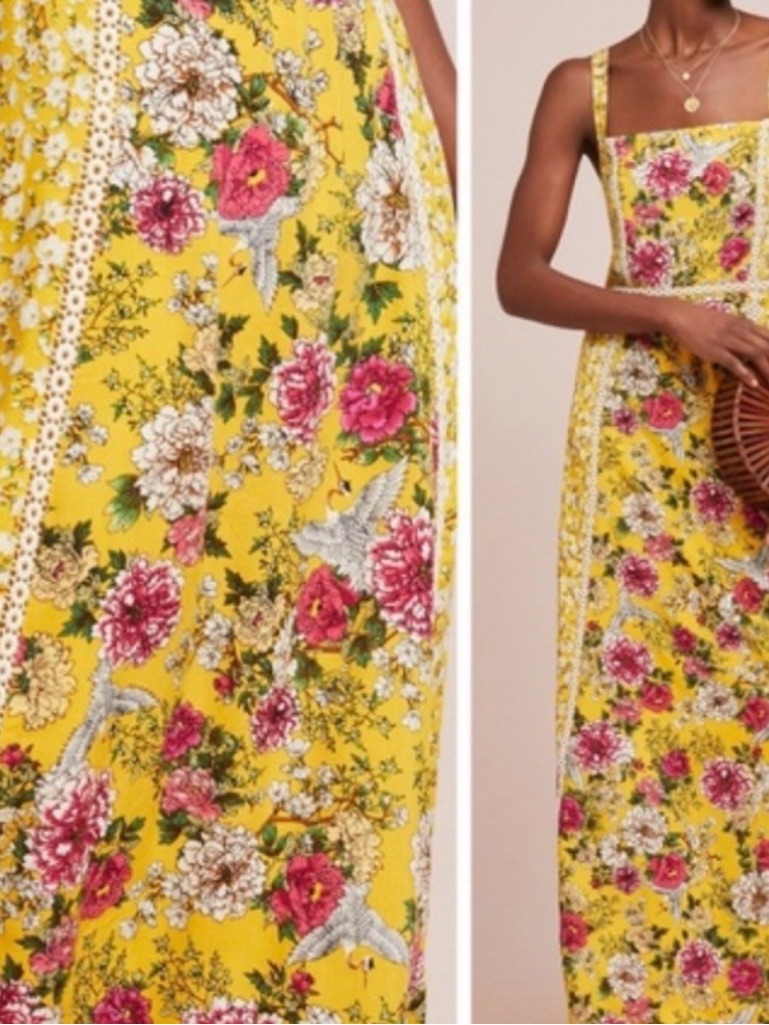 Anthropologie Yellow Floral Square-Neck Maxi Dress With Pink Blooms